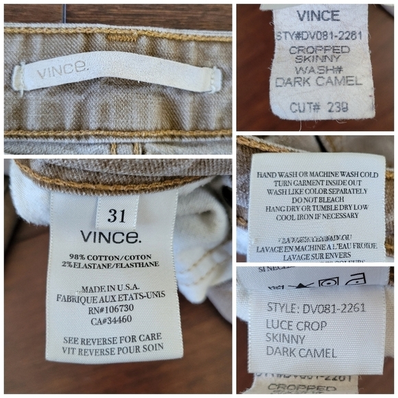 Vince Luce Crop Low Rise Button Fly Stretch Skinny Jeans Size 31 Dark Camel - Picture 6 of 9